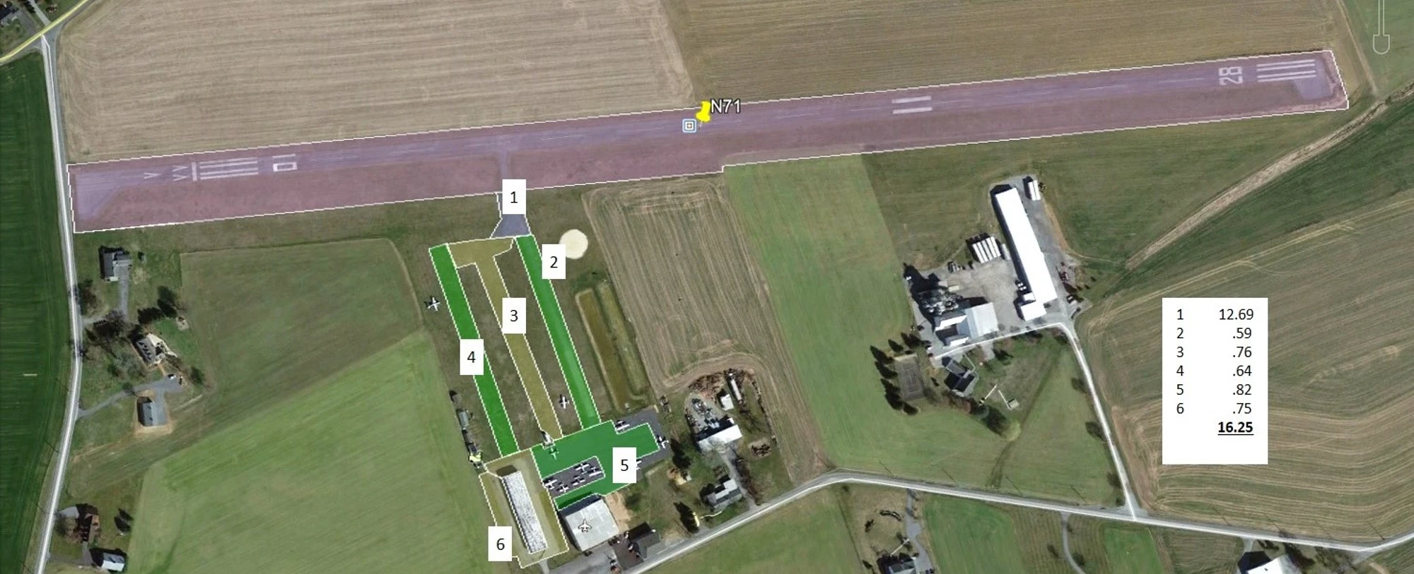 An aerial image of a rural airport runway and hangar with grassy fields and farmland on either side and marked indicators for areas of interest.